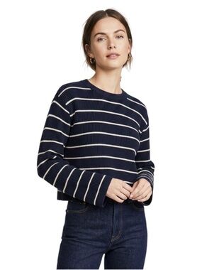 H&M ($45) Navy Striped Funnel Sleeve Cotton Blend Sweater - PTP 22 L 19